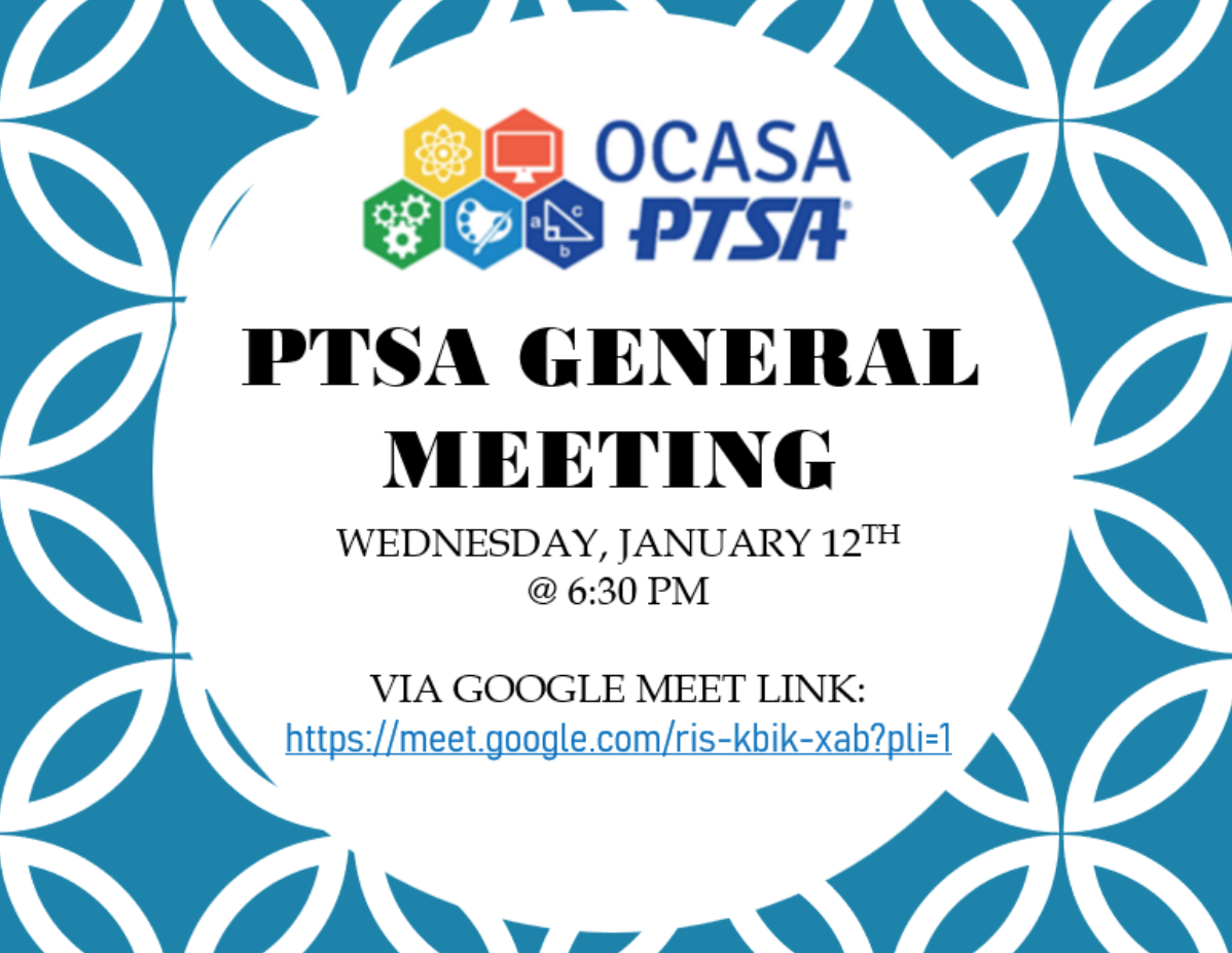 OCASA Elementary PTSA Meeting Reminder, 1/12 @ 6:30 pm